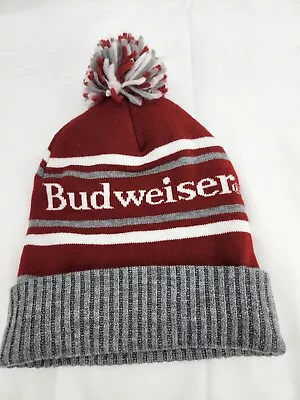 Budweiser Pom Beanie One Size Stocking Hat Red White And Gray Nice! • $9.99