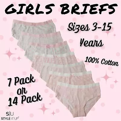 7 Or 14 Pack Girls Briefs 100% Cotton Knickers Kids Underwear Pants 3-15 Years • £12.99