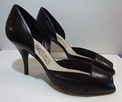 FERRAGAMO Designer Black Leather Peep Toe Heels. Size 10. • $149.99