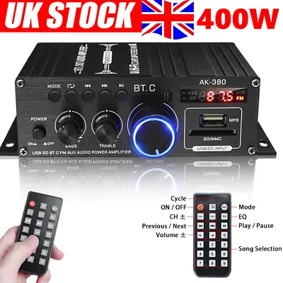 400W Bluetooth HiFi Power Amplifier Mini Audio Digital Stereo FM Car AMP Remote • £17.99