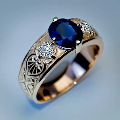 Antique Three Stone Sapphire Diamond Gold Men's (Unisex) Ring • $5900