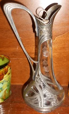 WMF Jugendstil Art Nouveau Jug Metal Encased Glass Etched With Flowers C1900 Vgc • $275