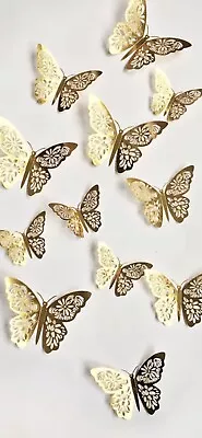 Gold 12 Pcs 3D Butterflies Wall Art Cake Dessert Decorations Home. • £2.97