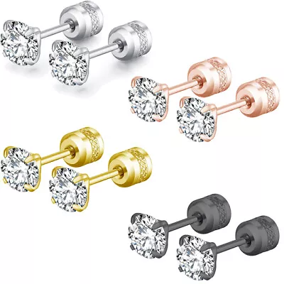 2PCS Silver Stainless Steel Round CZ Earrings Screw Back Ear Stud For Men Women • $2.09