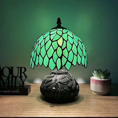 Tiffany Style Mini Table Lamp Green Stained Glass Leaves LED Bulb Include 12”H • $116.99