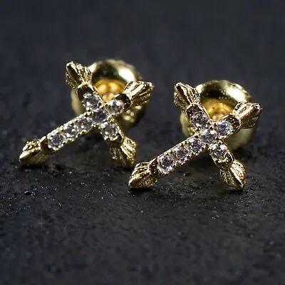 Mens Gold Plated Small Cross Sterling Silver Iced Fashion Stud Earrings • $14.99