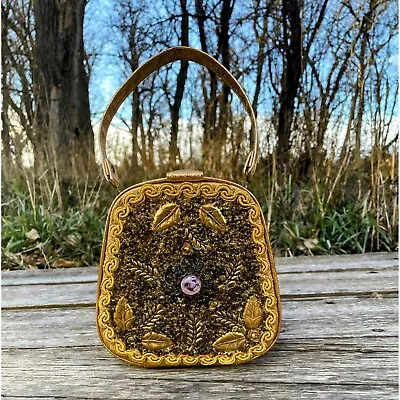 Vintage 1950s Caron Gold Beaded Box Purse With Mirror • $42