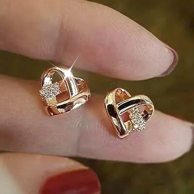 Rose Gold Plated Cute Twist Swirl Knot Love Heart CZ Stud Earrings Women Girl UK • £3.36