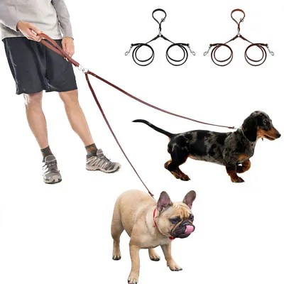 2 Way Pet Dog Double Lead Genuine Leather Coupler Two Twin Dogs Walking Leash • £20.39