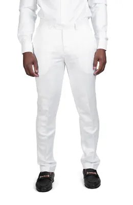 Slim Fit Mens Dress Pants Solid White Linen Flat Front Fitted Slacks AZAR MAN  • $59