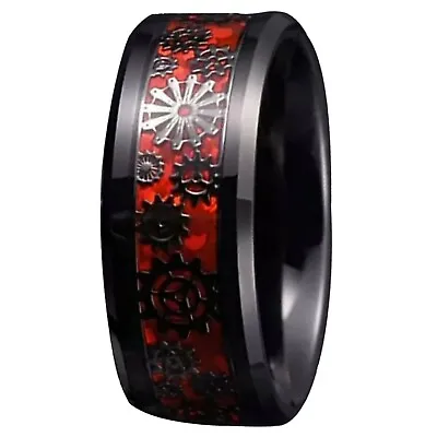Red Black Mechanical Gear Ring Stainless Steel Steampunk Wedding Band Sizes 6-13 • $15.99