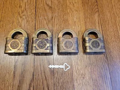 (4) Vintage Yale & Towne Brass Padlocks Large 2 1/2  X 3   With One Key For All • $33