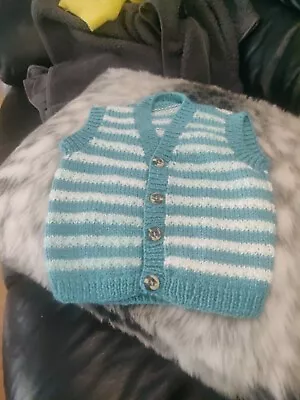 Hand Knitted Girl Boy Baby Gilet Cardigan 6-12 Months Stripy Gift • £2.99