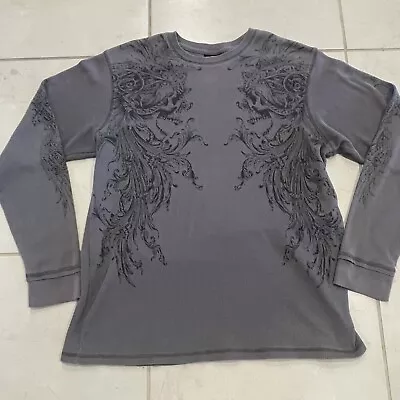 Y2K 2000s MMA Elite Gray Long Sleeve Thermal Skull Skater Grunge Emo Mens Sz XL • $38.88