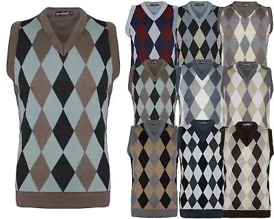 New Men Knitted V-Neck Argyle Pattern Sleeveless Jumper Top Sweater Vest  • £10.19