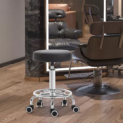 Round PU Leather Salon Working Beautician Stool Adjustable Height W/ Footrest • £33.99