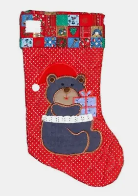 Vintage Handmade Christmas Stocking Teddy Bear Denim Fabric Gifts Cottage Core • $16.87