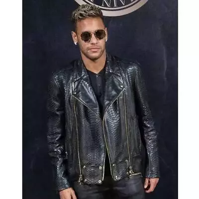 Black Exotic Genuine Python Embossed Lambskin Leather Snake Bomber Jacket • $167.16