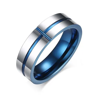 6MM Width Mens Tungsten Carbide Blue Inside Two-Tone Cross Wedding Band Ring • $15.09