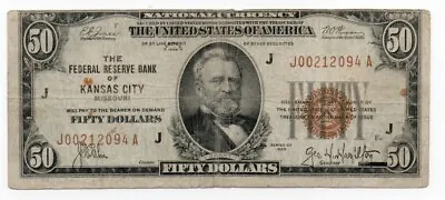 1929 50 Dollar National Currency Note From Kansas City Missouri • $139.99