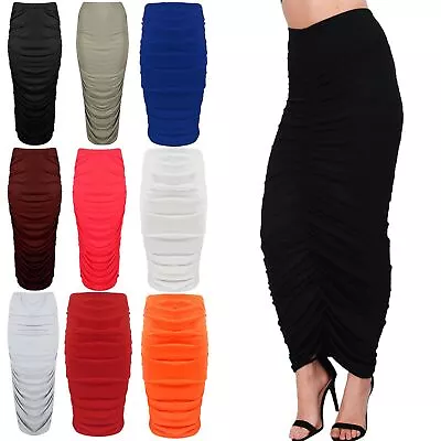 Womens Ladies Gathered Ruched Stretchy Ladies Pencil Bodycon Fit Long Maxi Skirt • £5.49