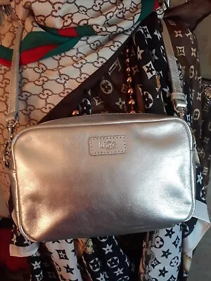 UGG Silver Metallic Leather Crossbody Camera Bag Purse Patricia Michael Hobo EUC • $54