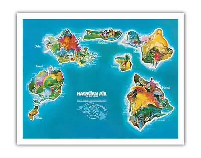 Hawaii Islands Route Map - Hawaiian Air Lines - Vintage Travel Poster C.1961 • $15.98