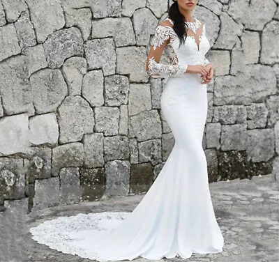 Mermaid Wedding Dresses Scoop Long Sleeves Illusion Back Applique Bridal Gowns • $137.80