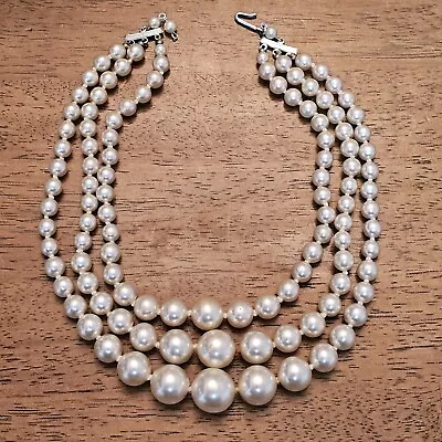 Vintage Faux Pearl Bead 3 Layer Strand Necklace Silver Tone Clasp Made In Japan  • $24.95