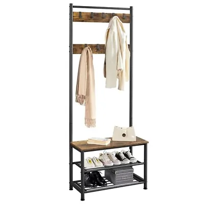 Coat Rack Stand With 3-Tier Shoe Bench & Movable Hooks Hallway Entryway Room • £39.99