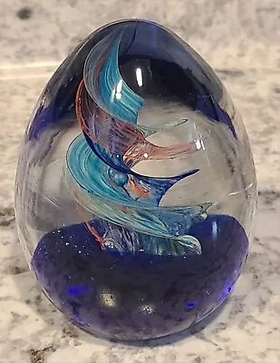 VINTAGE MURANO STYLE ART GLASS EGG SHAPED PAPERWEIGHT RED Green & BLUE SWIRLS • $33.95