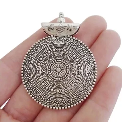 Antiqued Silver Detailed Tibetan Style Mandala Pendant With Fancy Slide Bail • $14.95