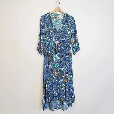 $99.95 • Buy Arnhem Sz 6 Blue Floral Print 3/4 Sleeve Button Down Drawstring Waist Boho Dress