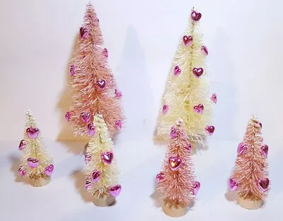 LOT 6 Mini VALENTINE'S DAY White &Pink HEARTS Miniature Sisal Bottle Brush Trees • $26.95