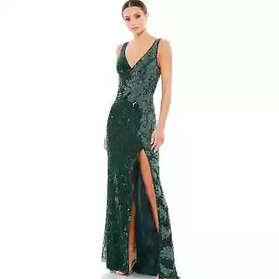 Mac Duggal Deep Green Sequin Floral Starburst Thigh High Slit Maxi Gown NWT 10 • $276.25