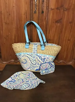 VERA BRADLEY Natural Woven Straw Large BEACH TOTE BAG Blue Sea Shells Wallet Hat • $34