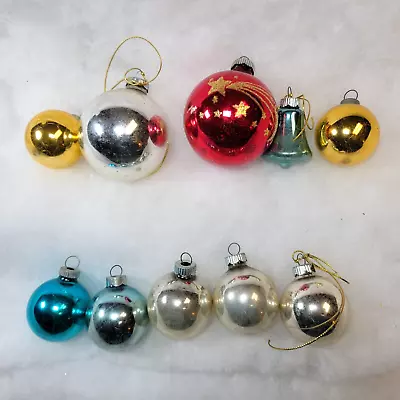 Christmas Mercury Glass Balls Lot Of 10 Bell Shiny Brite Moon Stars Stencils Vtg • $18.49