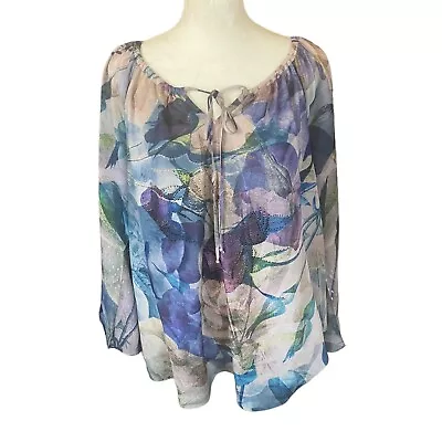 Roz & Ali Women's XL Sheer Colorful Floral 3/4 Angel Sleeve Blouse Tie Front • $19