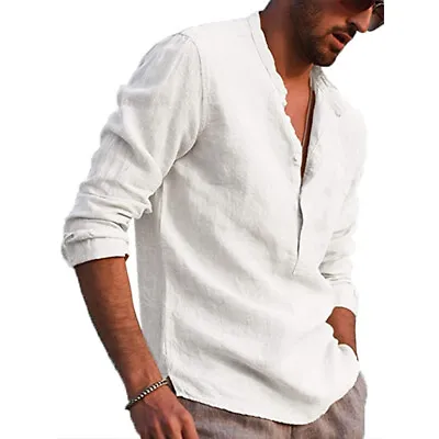 Mens Henley Cotton Linen Shirts Soft Casual Long Sleeve V Neck Solid Button Tops • $26.74