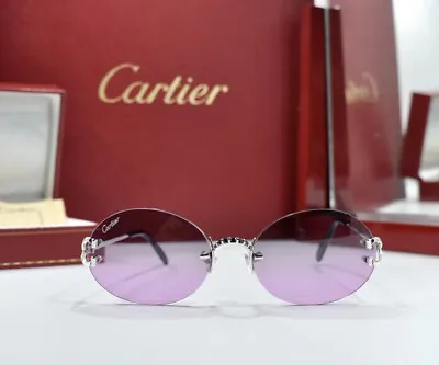 $13.50 • Buy Cartier Vintage Rimless Decor C Sunglasses Silver Frame Diamond Customized Oval