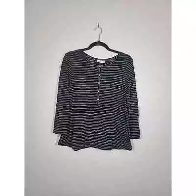 Vince Top Size S Round Neck 3/4 Sleeve Button Placket Flowy Hem Striped Black • $13.20