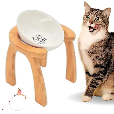 Ceramic Elevated Cat Bowl Raised Bamboo Wood Sturdy Pet Food Adjustable Tilted • $28.43