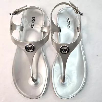 Michael Kors Flat Jelly Thong Sandals Sz 10 Silver Rubber Open Toe Casual • $29.99