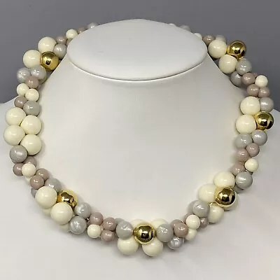 £20.76 • Buy VTG Trifari TM Necklace Gray Violet Cream Gold Beads Torsade Twist Chunky 16 
