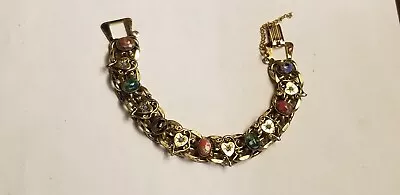 Vintage Victorian Style Slide Link Wide Bracelet W Hearts Art Glass Stones 7.5” • $74.99