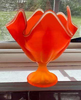 Viking Glass FROSTED SATIN Persimmon 6 Petal Footed Handkerchief Compote Vase • $23.50