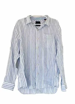 TOMMY BAHAMA Shirt Size L Blue White 100% Linen Striped Button Down • $30