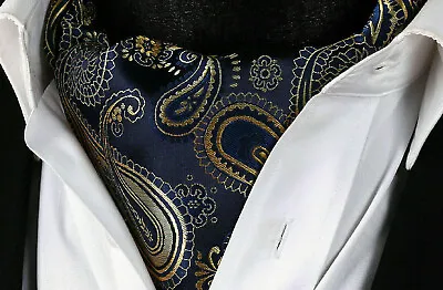 Fancy Golden Scarf Cravat Ascot Tie Navy Blue Gold Brown Paisley Gift Silk A5 UK • £10.40