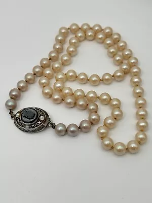 Vintage Faux Pearl Necklace Single Strand With Black Cameo Clasp Circa 10” • $22