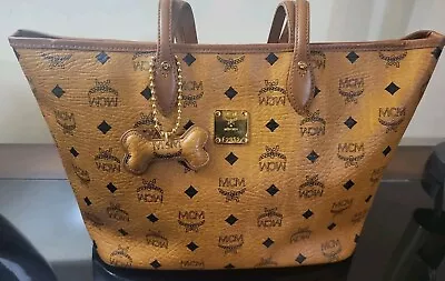 Authentic MCM Cognac Monogram Visetos Dog Bone Charm Tote Handbag • $250